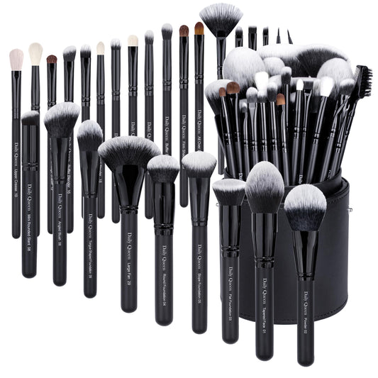 Daily Queen 29pcs Black Professional Makeup Brush Set Kabuki Powder Concealers Eye shadows Blush Eyeliner Eyebrow Contour Eye blending Brushes (29pcs brush+black barrel)