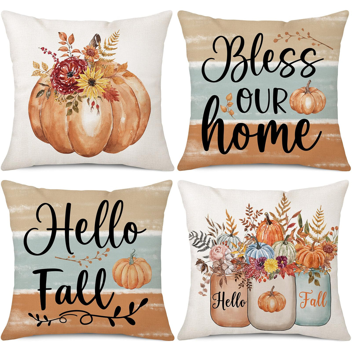 Gujiahone Fall Decorative Pillow Covers 18 x 18 Inch Set of 4 Bless Our Home Hello Fall Pumpkin Flowers Mason Jar Autumn Thanksgiving Farmhouse Decoration for Sofa Couch Living Room