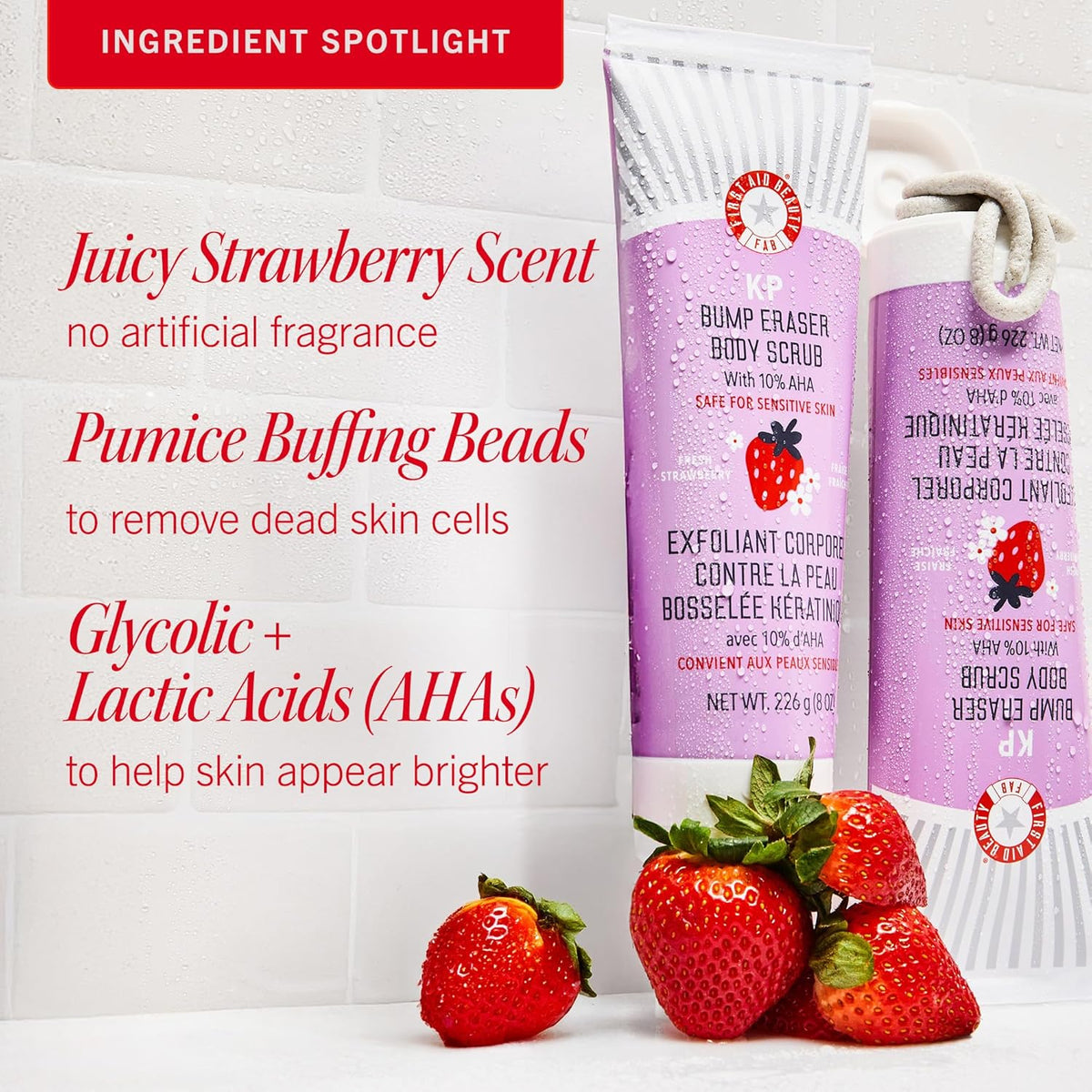 First Aid Beauty - KP Bump Eraser Body Scrub with 10% AHA, Keratosis Pilaris Exfoliator with Glycolic and Lactic acids, Helps Reduce Chicken Skin Bumps, Safe for Sensitive Skin, Strawberry Scent, 2 oz