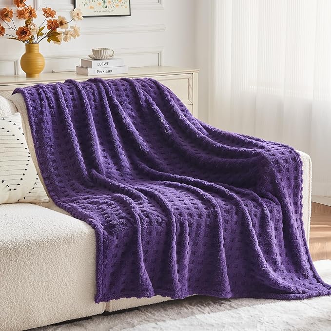 NEWCOSPLAY Super Soft Queen Blanket Purple Premium Silky Flannel Fleece 3D Waffle Checkered Lightweight Bed Blanket All Season Use (Dark Purple, Queen(90"x90"))