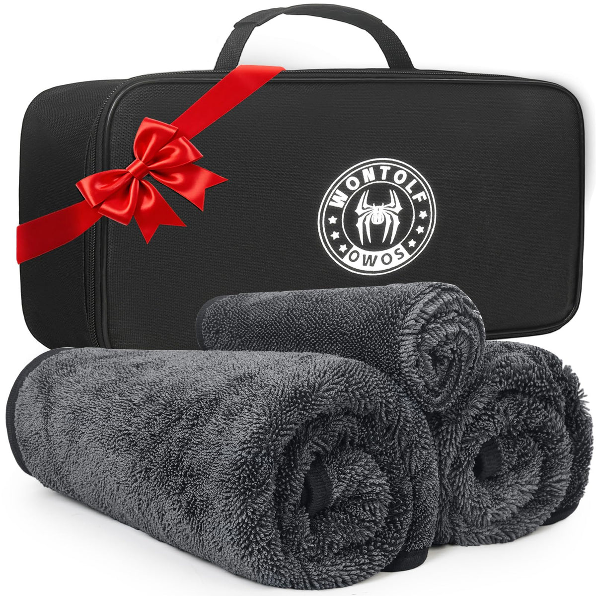 Wontolf 3-Pack Car Drying Towel with Storage Bag, Drying Towels Car Detailing, Ultra Absorbent Microfiber Towels for Cars and Trucks (2 * 35" x 24", 1 * 11.8''x11.8''), Streak Free, No Water Spots