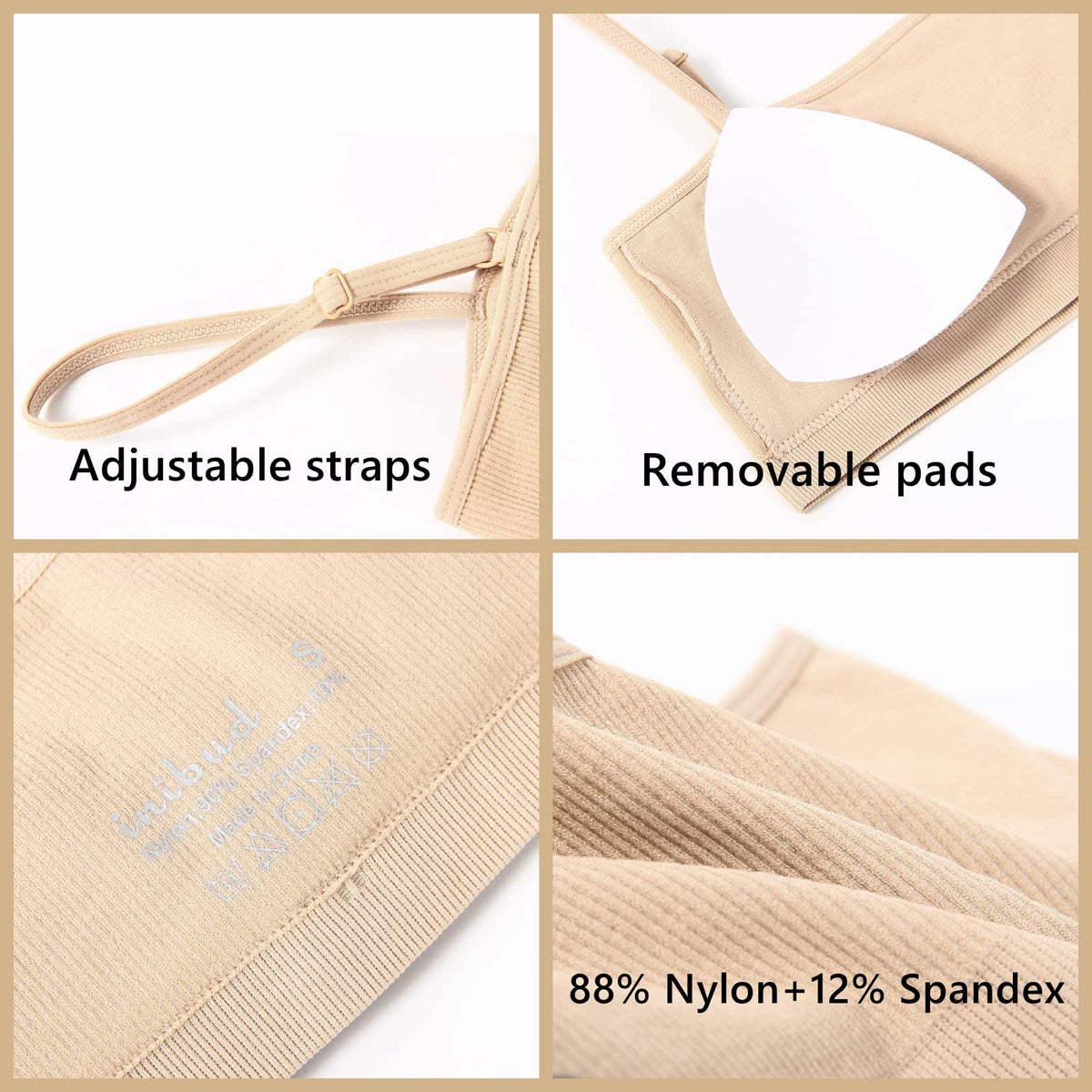 INIBUD Sports Bras for Women Bandeau Padded Ribbed Bralette Adjustable Strap Workout Square Neck Seamless Crop Top Backless (l, Black&Wheat&Off White)