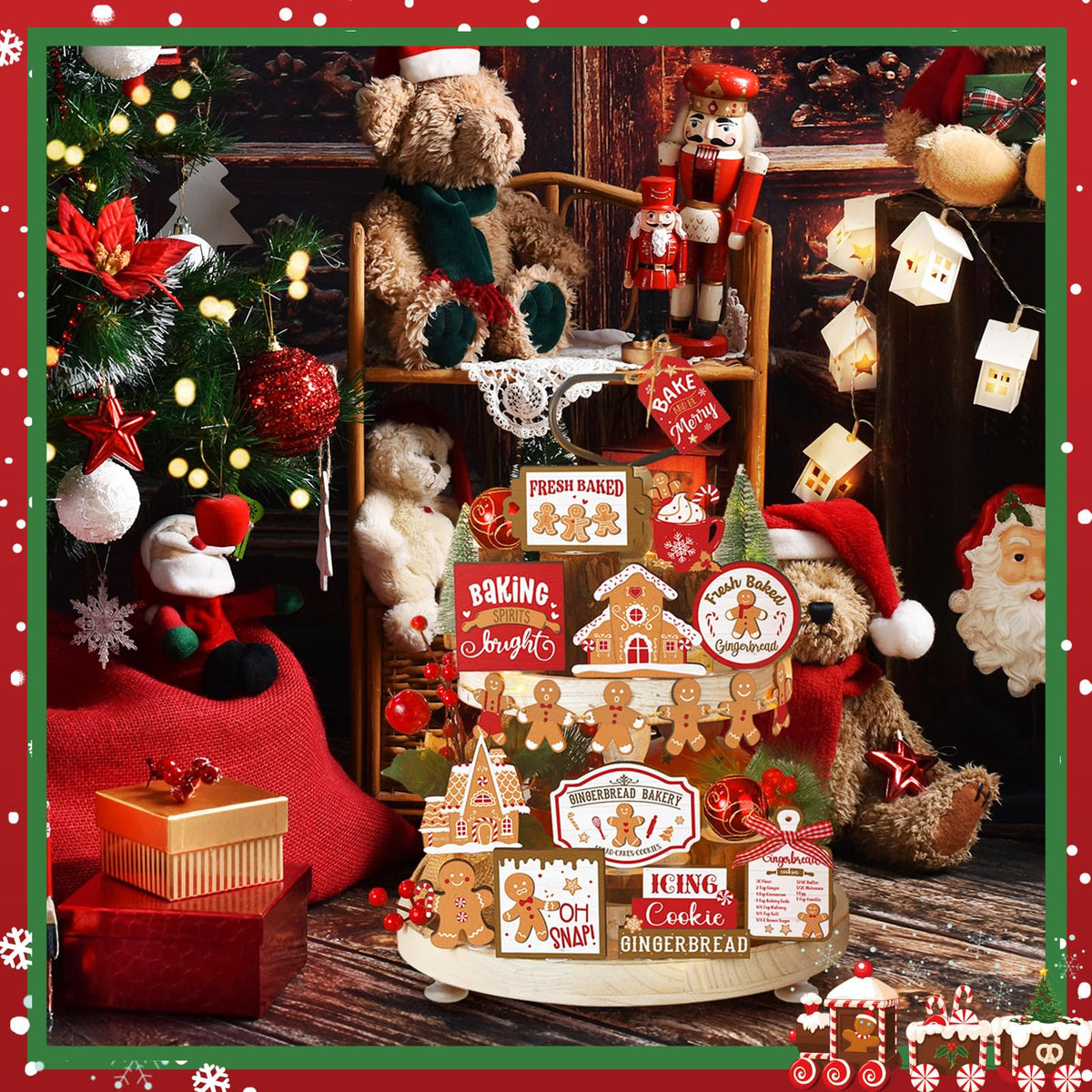 Funnymoom 17 Pcs Christmas Tiered Tray Decor Set Winter Tiered Tray Decorations Farmhouse Tabletop Centerpiece Christmas Wooden 3D Signs for Xmas Home Table Centerpiece Decorations(Gingerbread)