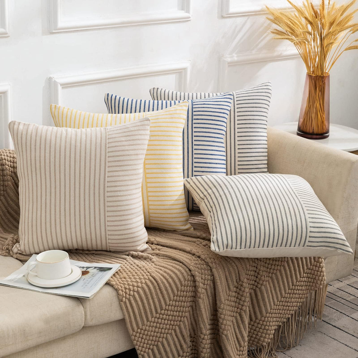 Farmhouse Pillow Covers 18x18, Modern Accent Square Throw Pillow Covers Set of 2, Blue and Beige Striped Patchwork Linen Decorative Pillows Cushion Covers for Couch Chair Bedroom Fall Decorations