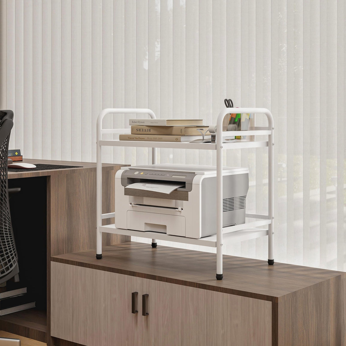 HDANI 2 Tier Under Desk Printer Stand with Storage,Microwave Storage Rack,Metal Rolling Printer Cart with Wheels for Home Office,Utility Storage Cart and Stand,White