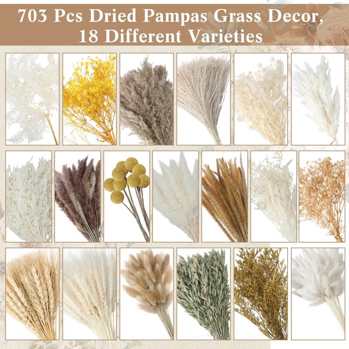 Nuanchu 703 Pcs Dried Pampas Grass Decor Boho Flower Bouquet Bulk with Bunny Tails, Reed Grass for Wedding Home Table Rustic Farmhouse Party Office(Retro Style)