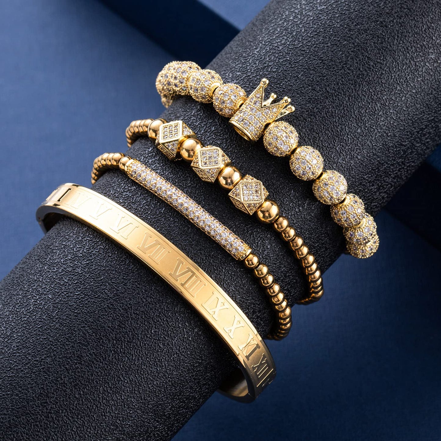 MAGIC FISH Imperial Crown King Mens Bracelet Pave CZ ，Gold Bracelets for Men Luxury Charm Fashion Cuff Bangle Crown Birthday Jewelry (3-gold-X)