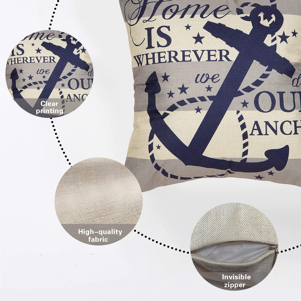 Fjfz Nautical Farmhouse Decorative Throw Pillow Cover 18x18 Home is Wherever We Drop Our Anchor Quote Sign Summer Ocean Cruise Lover Decoration Home Decor Cotton Linen Cushion Case for Sofa Couch