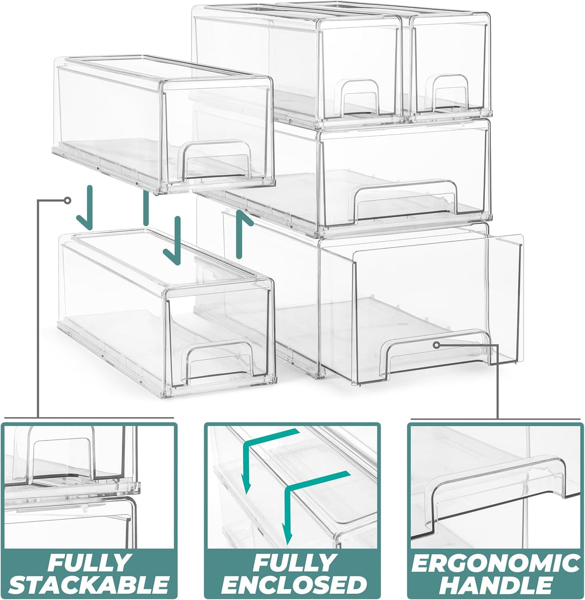 Sorbus 1 Large & 2 Small Clear Stackable Storage Drawers – Plastic Organizer Bins with Handles – Stackable Pull-Out Storage Drawers for Closet, Pantry, Office, Bathroom, Craft, and Toy Organization