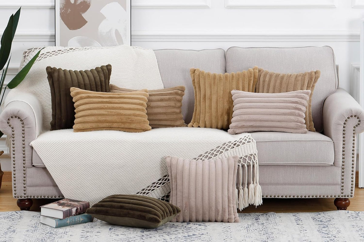 MADIZZ Set of 2 Faux Wool Plush Decorative Throw Pillow Covers 20x20 Inch Brown Fluffy Striped Soft Decorative Cushion Cover for Sofa Bedroom Pillow Shell