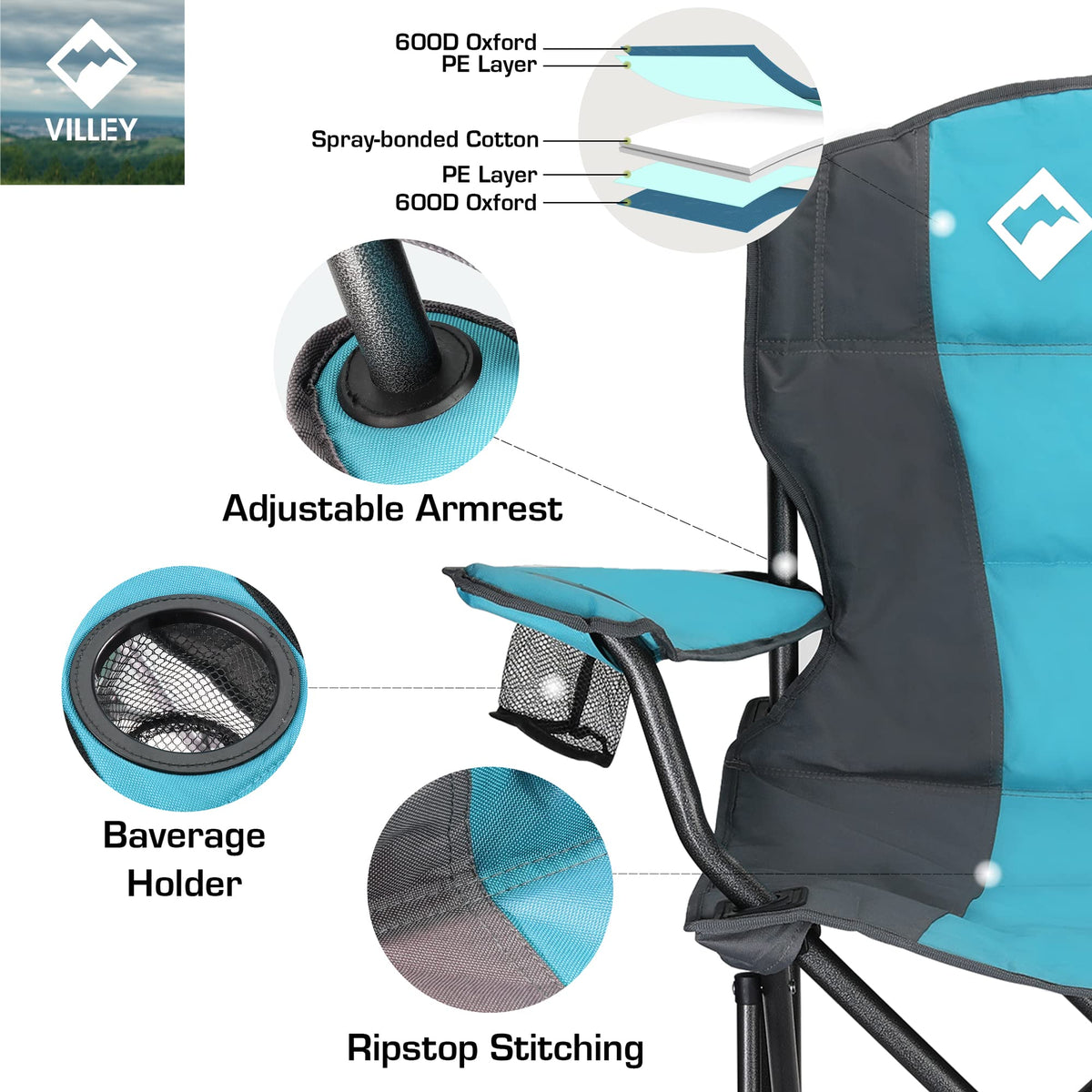 VILLEY Camping Chair, Oversized Folding Camp Chair, Portable Outdoor Chairs Support 400 LBS with Padded Seats, Cooler Bag, Cup Holder, Carry Bag, Blue