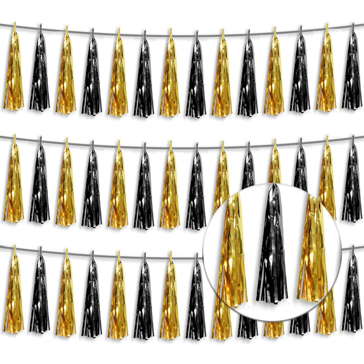 3P Metallic Fringe Tassel Banner Garland Foil Tinsel Streamer Wall Hanging Curtain Backdrop Banner for Parade Floats,Graduation Decorations, Father's Day,New Years Party Decoration(Black Gold)