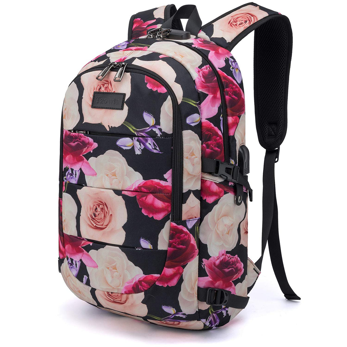 Tzowla Business Laptop Backpack Water Resistant Anti-Theft with USB Charging Port and Lock 15.6 Inch Computer Backpacks for Men, Women, Casual Hiking Travel Daypack (Flower)