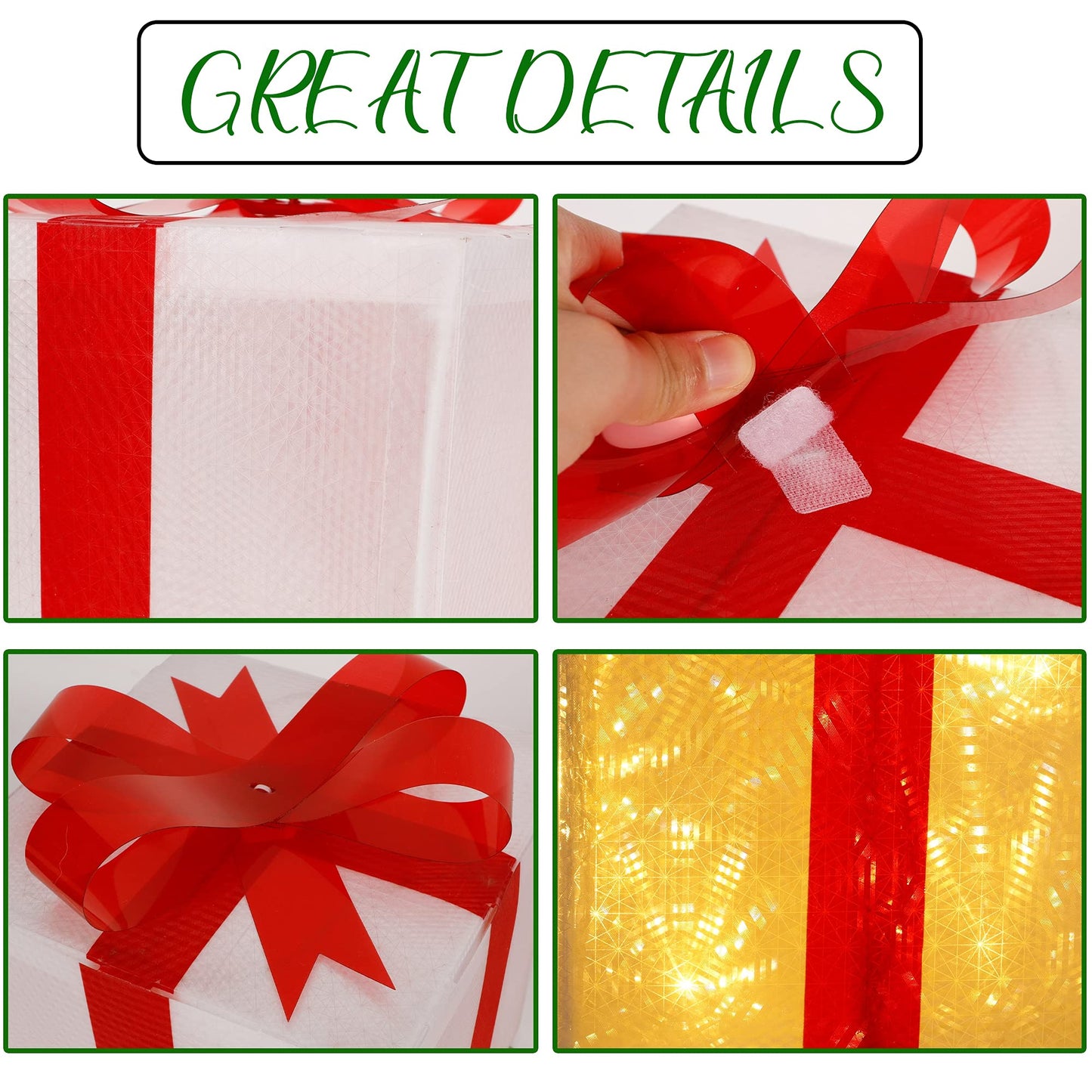 Lulu Home Christmas Box Decorations, Set of 3 Light Up Boxes with Red Bows, Plug-in 60 LEDs Warm White Lighted Xmas Boxes for Christmas Tree Holiday Indoor Outdoor Decors