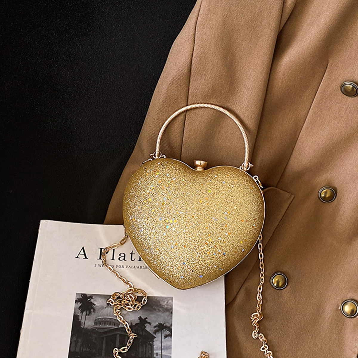 pfoosnd Sparkly Clutch Purses for Women Formal Clutch, Heart Shape Evening Bag, Purse Handbag for Wedding Cocktail Party (Gold)