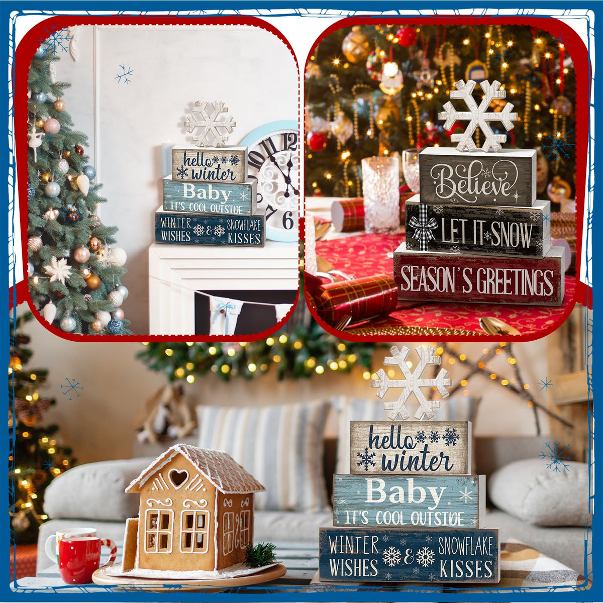 Moucuny 4 Pcs Winter Decorations for Home Reversible Christmas Winter Table Sign Wooden Snowflake Decoration Double Side Christmas Tiered Tray Decor Holiday Table Centerpiece for Xmas Home Decor