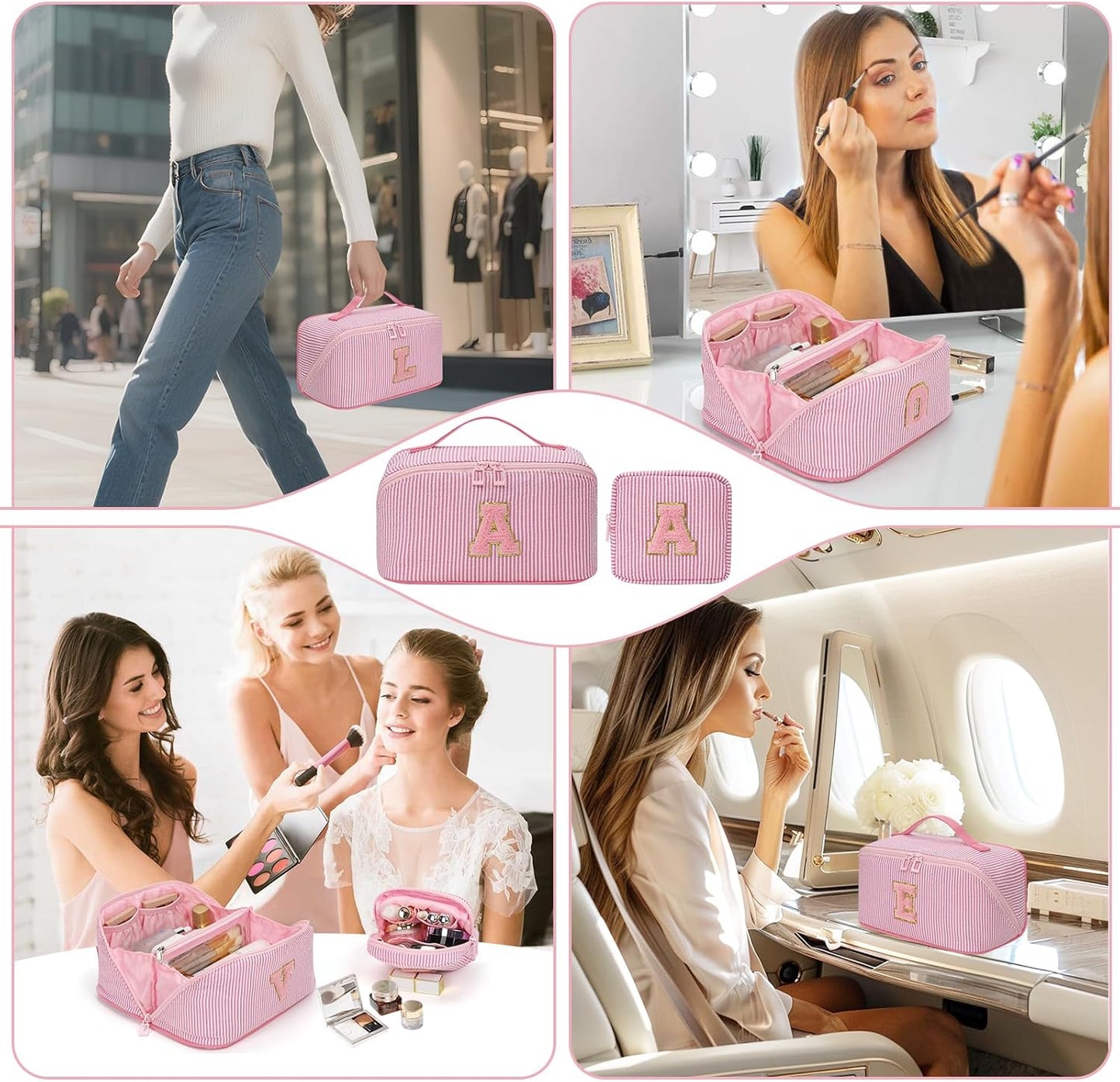 Travel Makeup Bag for Women, 2Pcs Portable Personalized Initial Makeup Organizer Bag, Open Flat Large Cosmetic Bag With Travel Essential Pouch (Pink Letter S)