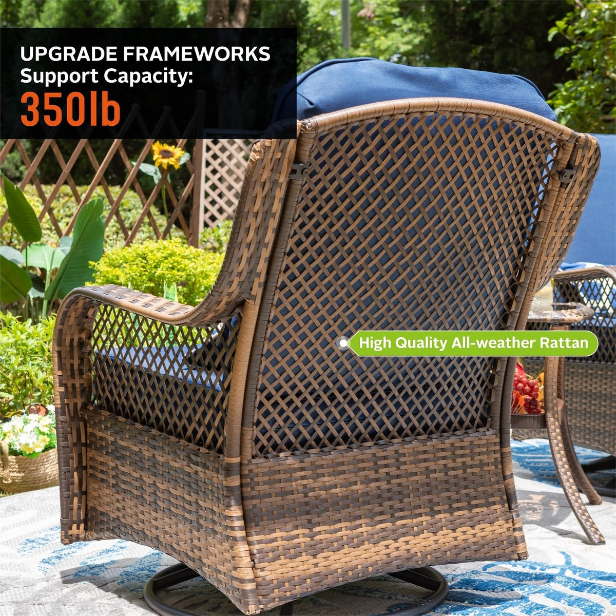 PHI VILLA Oversized Outdoor Swivel Rocker Chairs Set Clearance 3 Piece with 1 Table and 2 Rocking & Swivel Chairs Support 350lbs Navy Blue Wicker Outdoor Furniture Patio Conversation Set