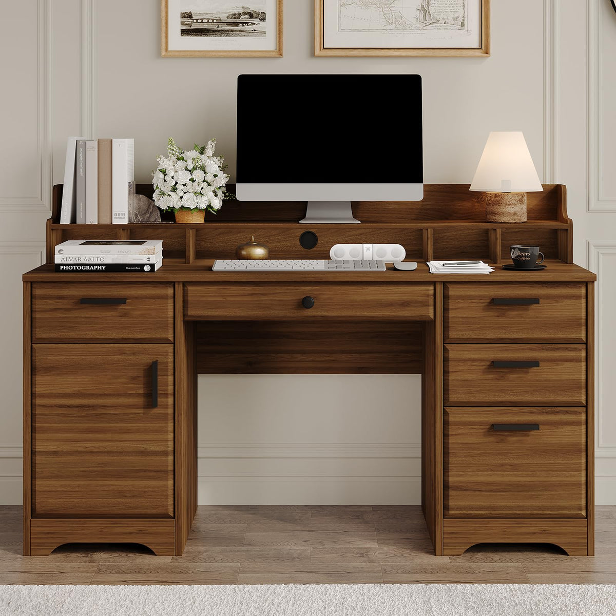 MaverickFurni 58 Inch Computer Desk with File Drawers, Executive Desk with Storage, Home Office Desk with Storage Cabinet for Bedroom, Rustic Brown
