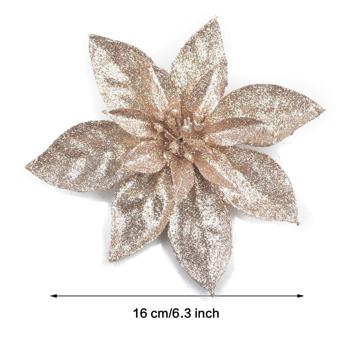 GL-Turelfies 12 Pcs Glitter Christmas Flowers(16cm/6.3’’) with 12 Pcs Clips Artificial Poinsettia Flower Christmas Tree Flower Decorations Xmas Tree Ornaments (Champagne)