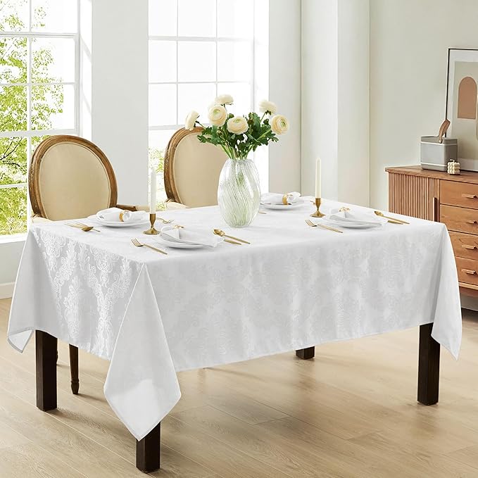 Newbridge Barcelona Luxury Damask Fabric Tablecloth, 70” Extra Wide x 108” Rectangle, White, 100% Polyester, No Iron, Soil Resistant Dining Room, Party and Banquet Table Cover