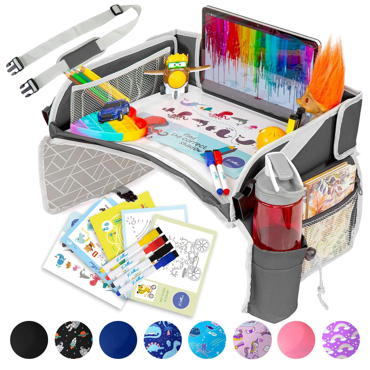 PILLANI Kids Travel Tray for Car - Car Seat Tray for Kids Travel, Road Trip Essentials - Carseat Table for Roadtrip Activities - Must Have Toddler Lap Desk Organizer for Airplane - Car Accessories