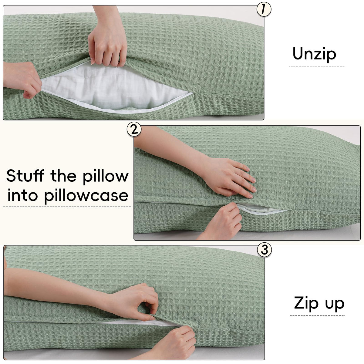 PHF Ultra Soft Waffle Body Pillowcase, Sage Green, 20" x 54", Polyester, Breathable, Skin-Friendly, Zipper Closure