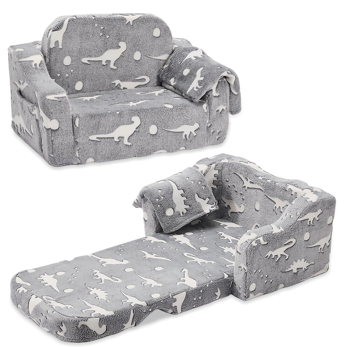 BUPPLEE Kids Sofa, 2-in-1 Soft Toddler Couch Fold Out, Toddler Chair Comfy with Cute Designs, Convertible Sofa to Lounger for Girls and Boys, Gray