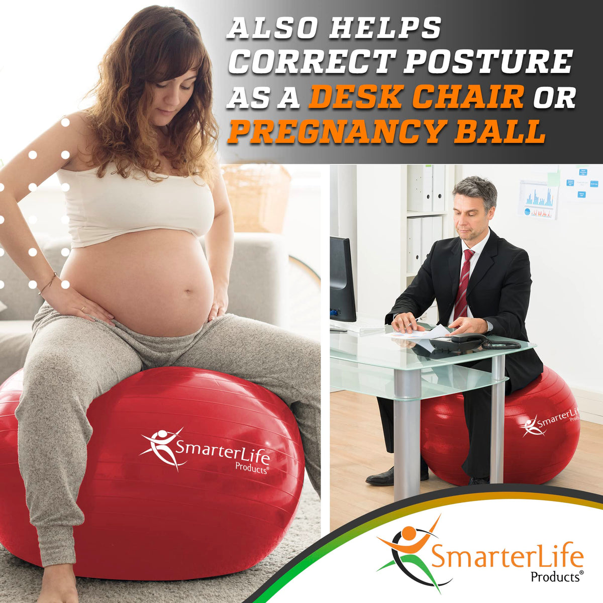 SmarterLife Exercise Ball Yoga Ball for Fitness, Balance, Stability, or Pregnancy, Gym Ball for Core Workout, Physical Therapy, Yoga Ball Chair for Office, Anti-Slip Anti-Burst (65 cm, Red)