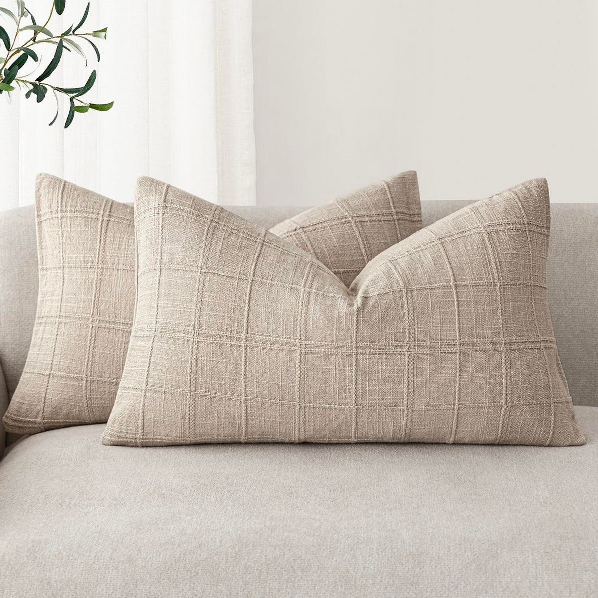 Foindtower Set of 2 Decorative Linen Check Throw Pillow Covers Neutral Farmhouse Lumbar Cushion Covers Modern Boho Home Decor for Sofa Chair Couch Bedroom Living Room Outdoor,12×20 Inch,Natural Linen