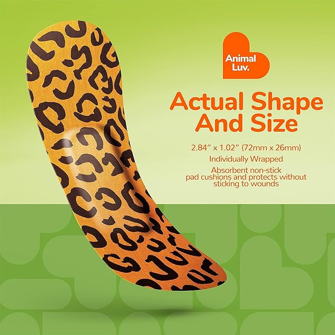BioSwiss Bandages, Animal Prints Self Adhesive Bandage, Leopard, Zebra, Giraffe, and Tiger Print Designs, Latex Free Sterile Wound Care, Standard Shape for Kids and Adults, 24 Count