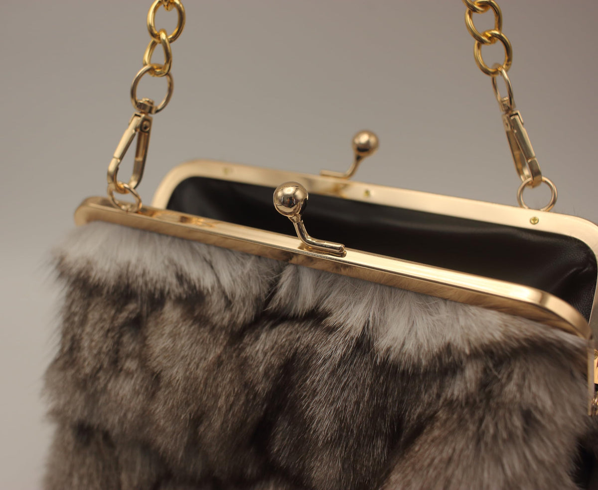 Luxurious Fashion Natural Fox Fur with Hair Handbag for Women and Ladies (White, Small) (Gray)