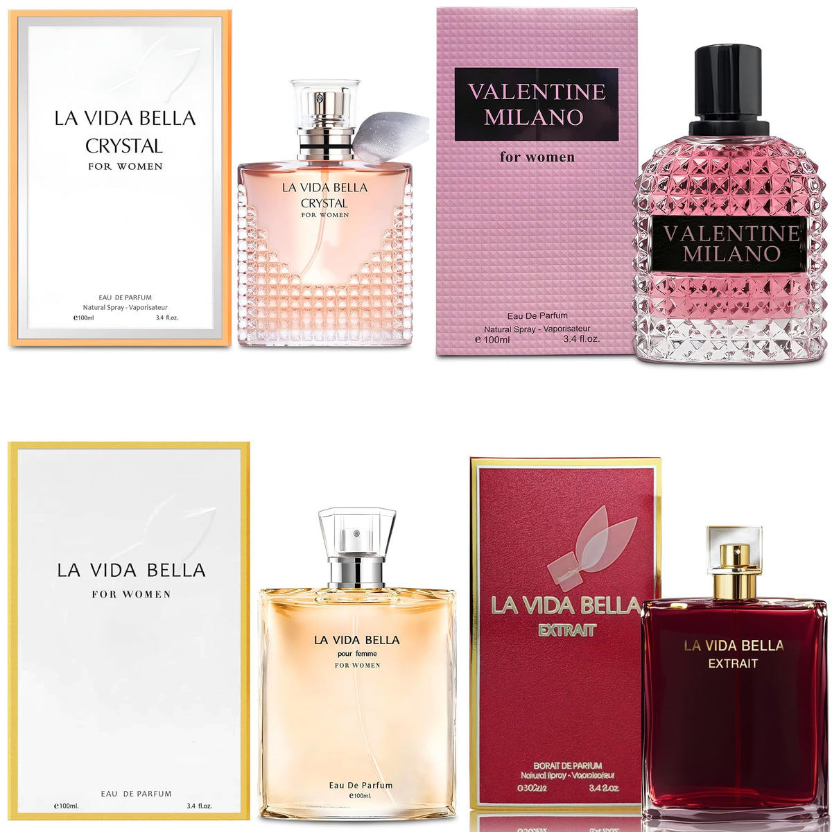 A CENTER 4PCS Perfume Set for Women - Floral Fragrance Gift Set with Vanilla,Sweet Fruity Eau De Parfume| 3.4 Fl Oz Each(La Vida Bella,La Vida Bella Crystal,La Vida Bella Ext,Valentine Milano)