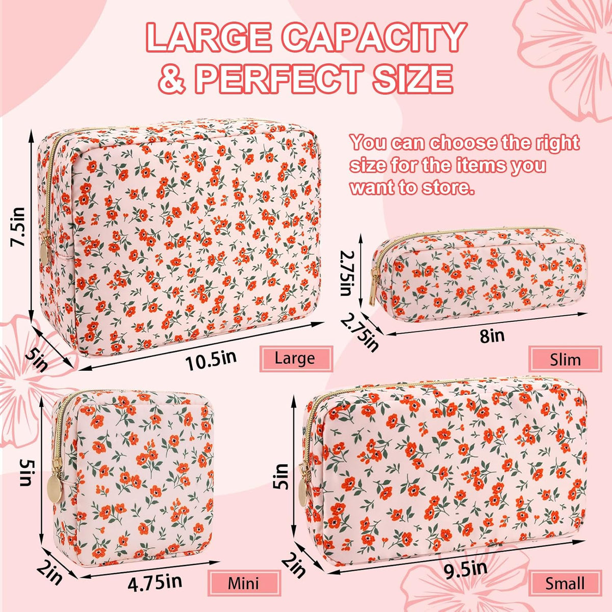 Waterproof Small Floral Pencil Case Makeup Bag for Purse,Cute Flower Pencil Pouch Preppy Nylon Makeup Brush Holder with Zipper,Girls Portable Storage Case Small Pen Bag for Work(Slim Pink-Flowers)