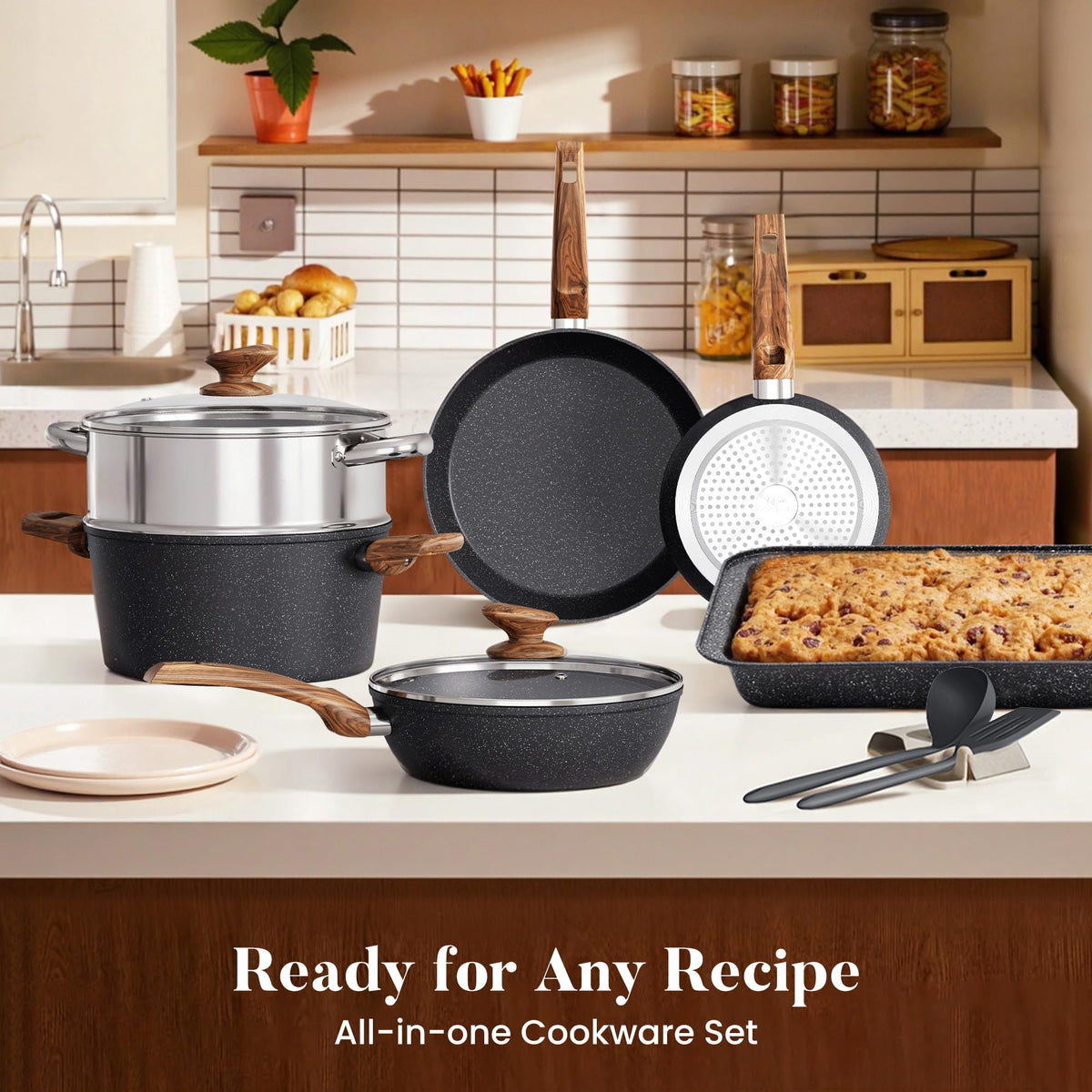 Kitchen Academy 30Pcs Pots and Pans Set Non Stick - Induction Black Cooware Set, Nonstick Granite Cookware and Bakeware Sets, PFOA&PFOS-Free, Non Toxic Healthy Kitchen Cooking Pans Set