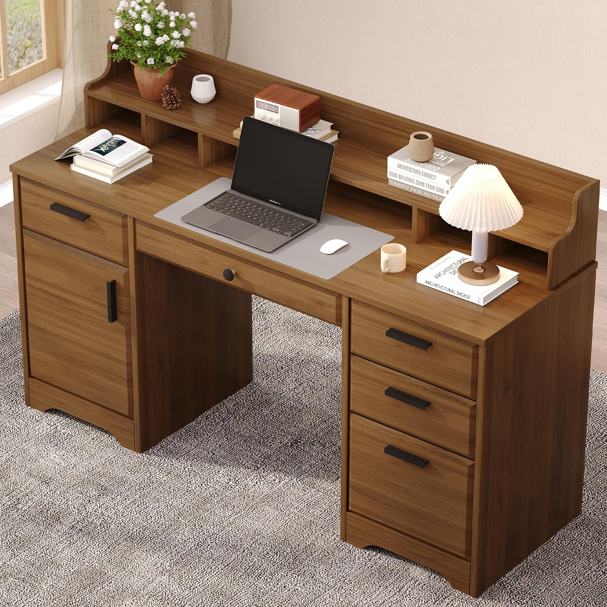 MaverickFurni 58 Inch Computer Desk with File Drawers, Executive Desk with Storage, Home Office Desk with Storage Cabinet for Bedroom, Rustic Brown