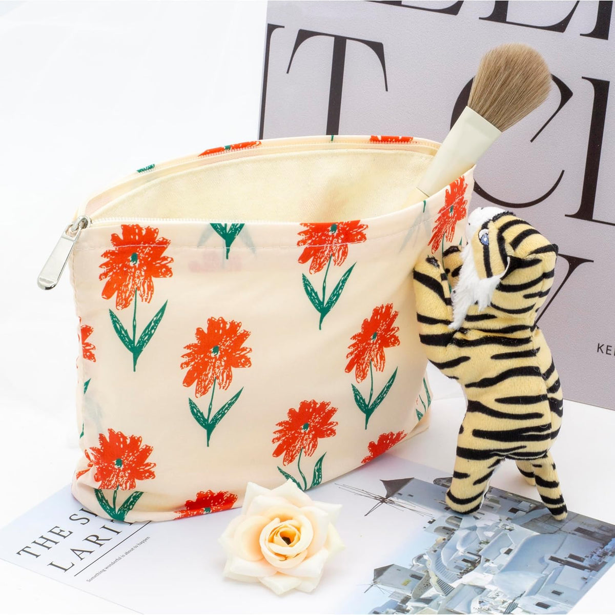 PAZIMIIK Floral Makeup Bag Large Cotton Zipper Pouch for Purse Travel Canvas Make Up Organizer for Women Cosmetic,Small Flower