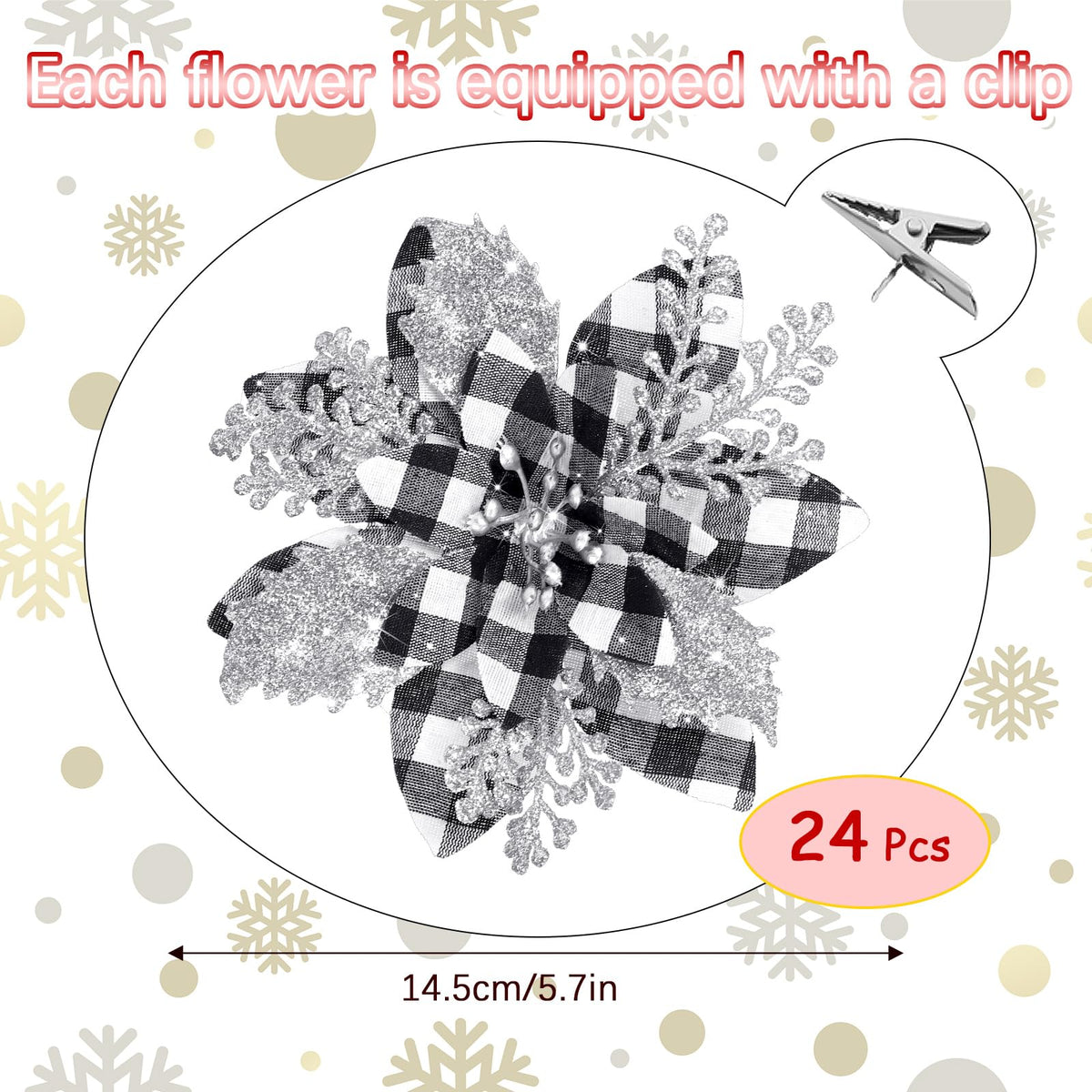 Canlierr 5.7 Inch Artificial Poinsettias Christmas Glitter Flowers with Clips Xmas Tree Flower Ornament Poinsettias Decor (Black and White Buffalo with Silver Petals,24 Pieces)
