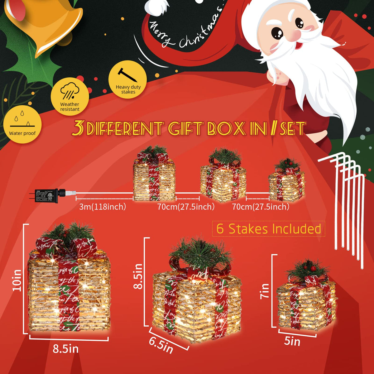 JUSTPRO [Large 10x8.5x7 Inches] 3 Piece Lighted Gift Boxes Christmas Decorations 10"+8.5"+7" 70LED Rattan Three Gifts, Warm Light, 6+1 Flash, 5V