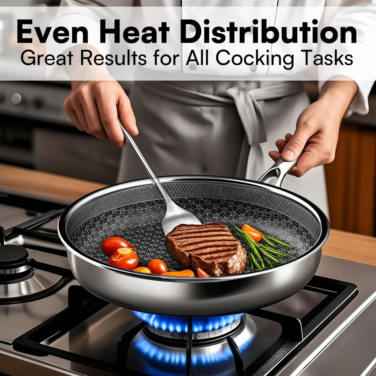 KURRUNGIE Stainless Steel Cookware Set, 15 Pcs Hybrid Pots and Pans Set Non Stick, Kitchen Frying Pans, Saucepans & Stock Pot with Glass Lid, Dishwasher-Safe, Induction Compatible, Non-Toxic