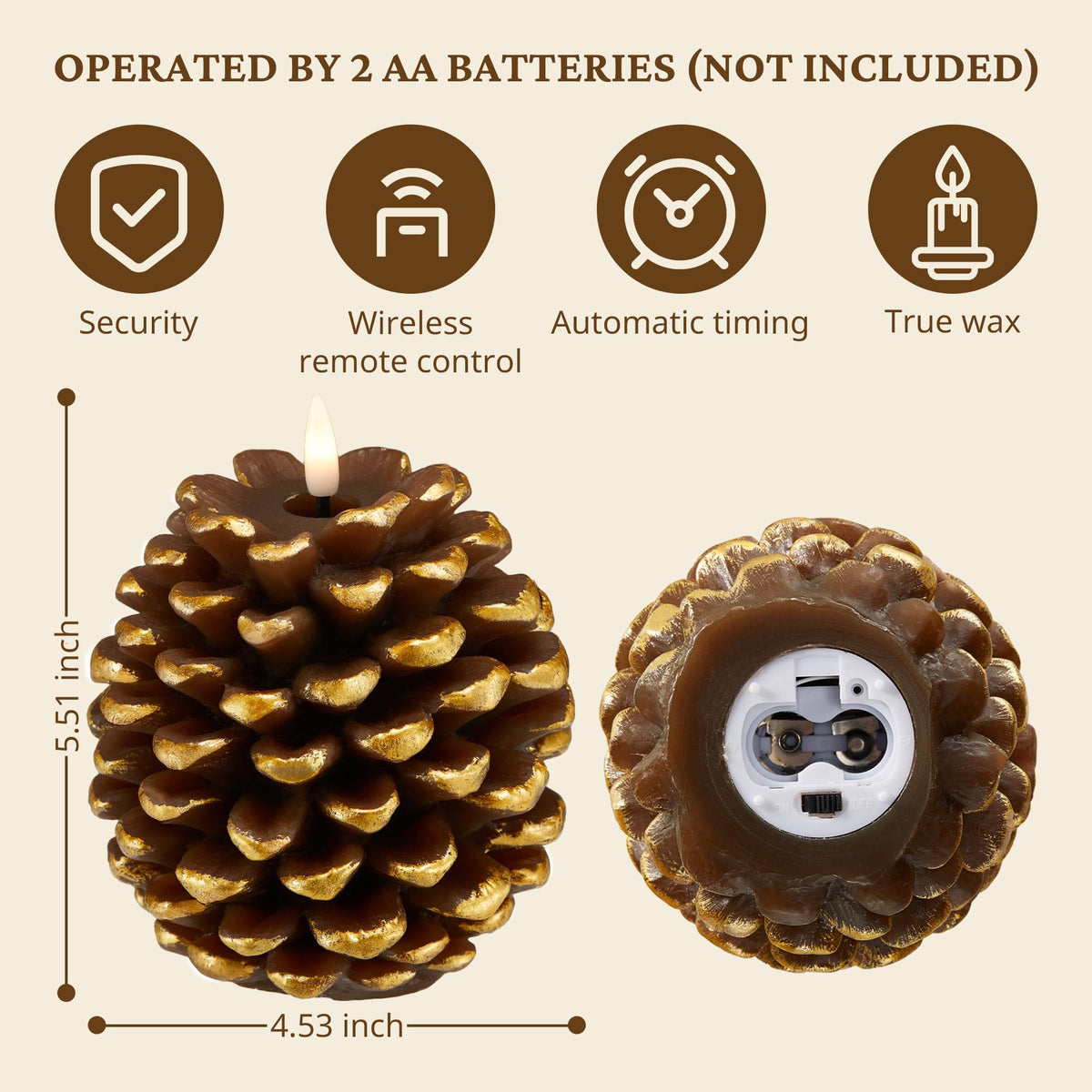 BRONYPRO 2 Pcs Pinecone Flameless Candles with Remote Timer,LED Candles Battery Operated for Christmas,Real Wax Pine Cone Flickering Candles for Holiday Indoor Decoration,Set of 2,Brown(5.5" X 4.5")