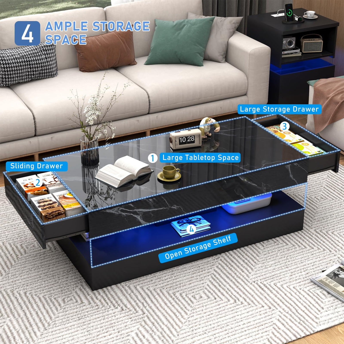 chartustriable 47inch Large High-Glossy LED Coffee Table with 2 Sliding Drawers, Living Room Storage Tables with Marbling Print, Modern Stylish Double-Layer Center Tables w/LED Lights, Black