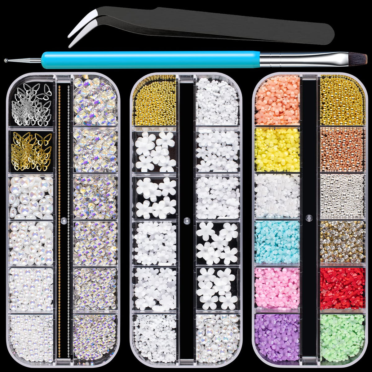Mixed 3D Nail Art Gem Decoration Accessories Kit #3, Butterfly Starry AB Rhinestone Charm Jewelry for Deco, Pearl Flower Caviar Bead Stone Crystal with Dual-End Brush and Tweezer