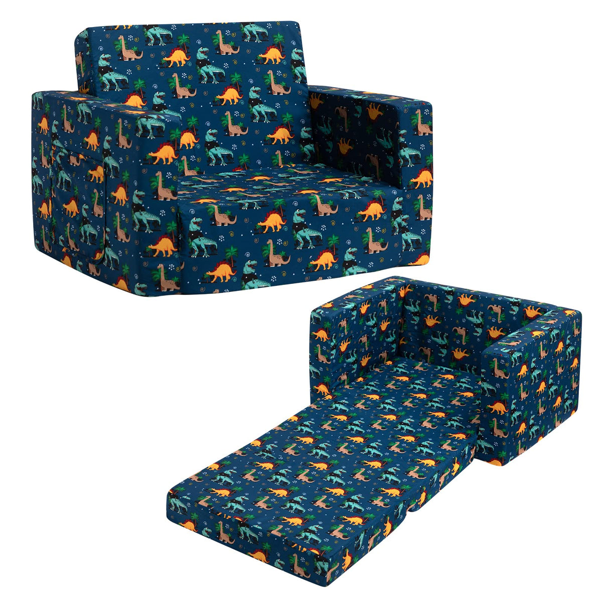 ALIMORDEN 2-in-1 Flip Out Comfy Toddler Couch, Lovely Kids Chair Convertible Sofa to Lounger for Story/Nap Time, Cool Dinosaurs