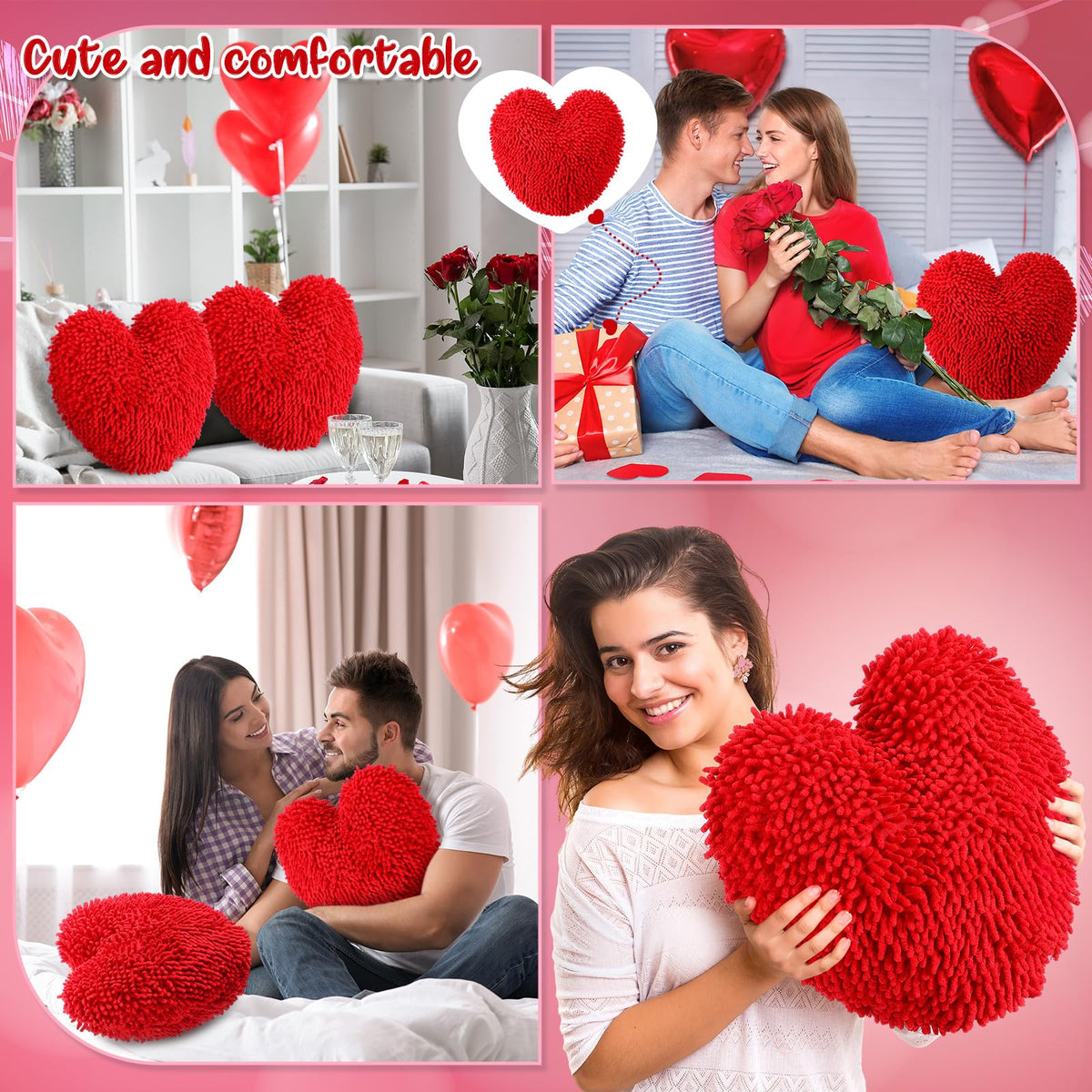 Memorywuu 2 Pcs Heart Shaped Pillow 14 Inch Heart Chenille Pillow Cushion Plush Soft Throw Cushion with Removable Cover for Sofa Couch Bed Women Girls Gifts(Red)