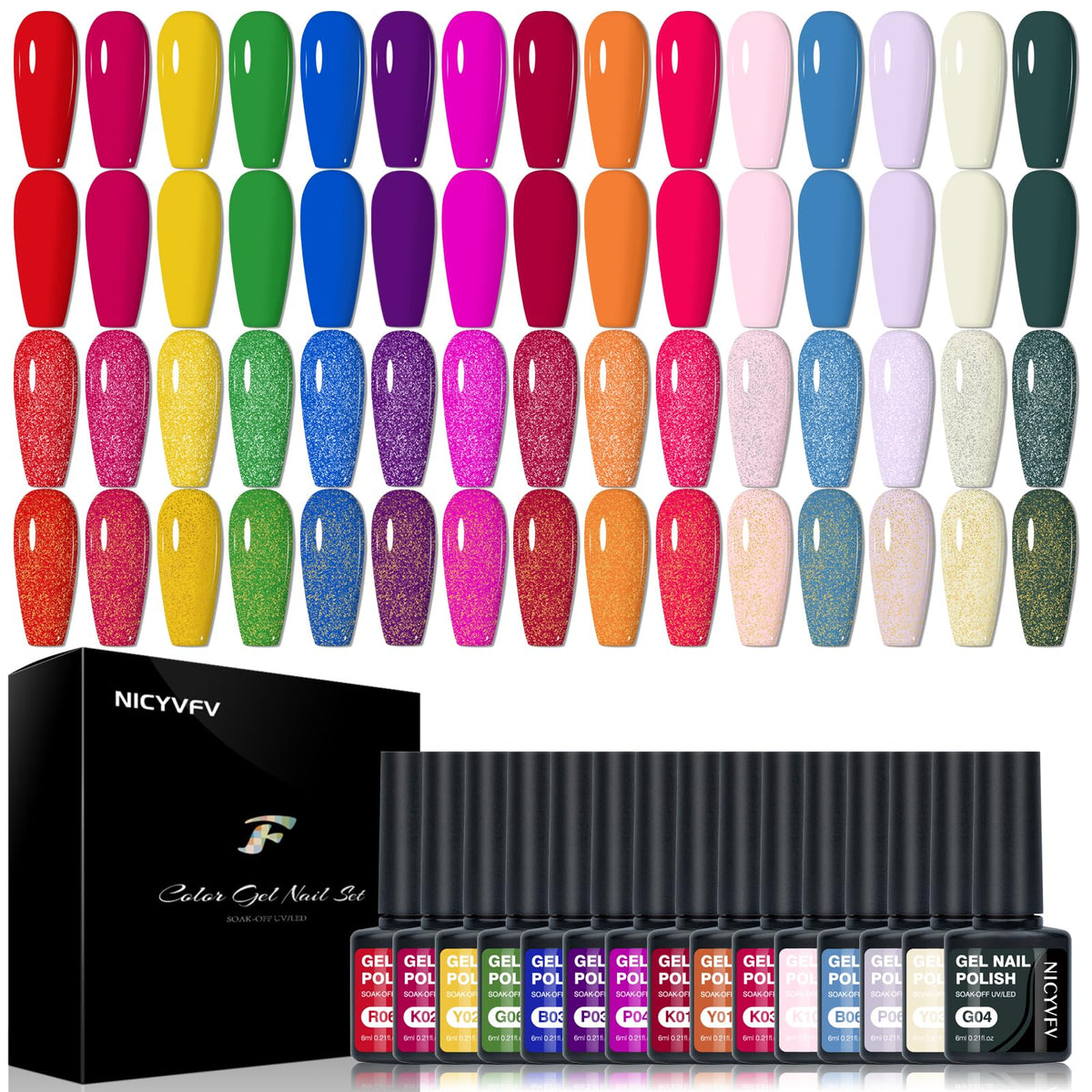 NICYVFV 20 PCS Gel Nail Set, 15 Colors Gel Polish Set Neon Bright Pink Blue Red Purple Shades, with Gold Silver Glitter and Glossy Matte Top Coat, Base Coat, for Women Gift Kit