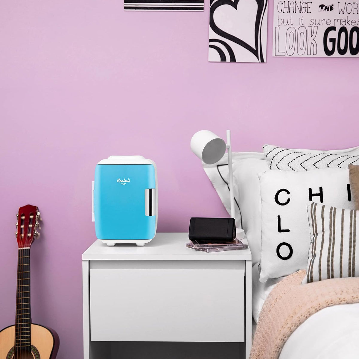 Cooluli Mini Fridge for Bedroom - Car, Office Desk & Dorm Room - Portable 4L/6 Can Electric Plug In Cooler & Warmer for Food, Drinks, Skincare Beauty & Makeup - 12v AC/DC & Exclusive USB Option, Blue