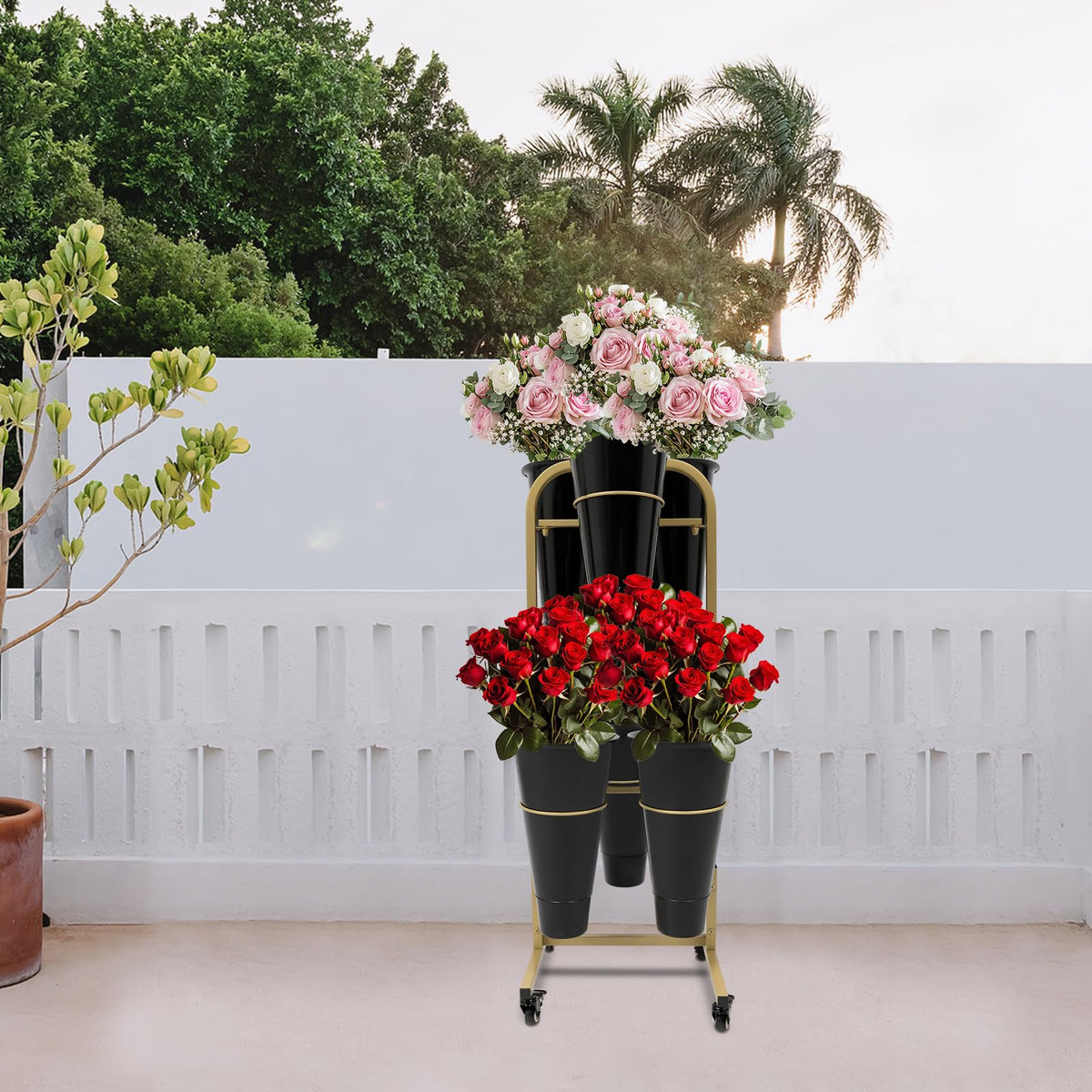 Fichiouy Mobile Flower Display Shelf with 6 Plastic Buckets, Rolling Heavy Duty Metal Plant Stand Flower Bucket Stand with Wheels,2 Tiers Flower Cart(Gold+Black)