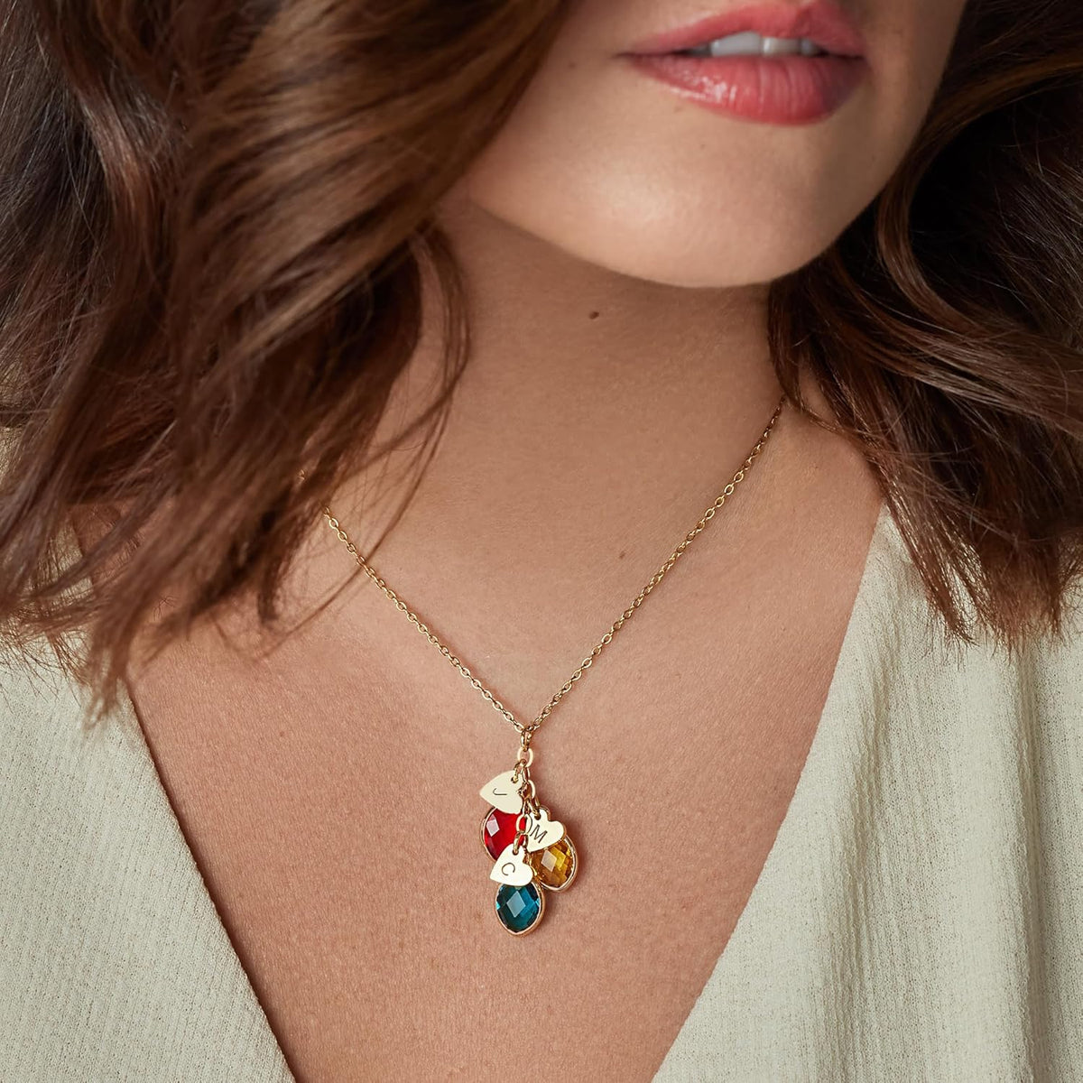 Birthstones & Initials Necklace for Mom, Grandma, Women Up To 7 Birthstones, Multiple Kids, Grandkids, Family Jewelry, Custom Heart Initial Charms 18k Gold Plated Birthday Graduation Mother's Day Gift