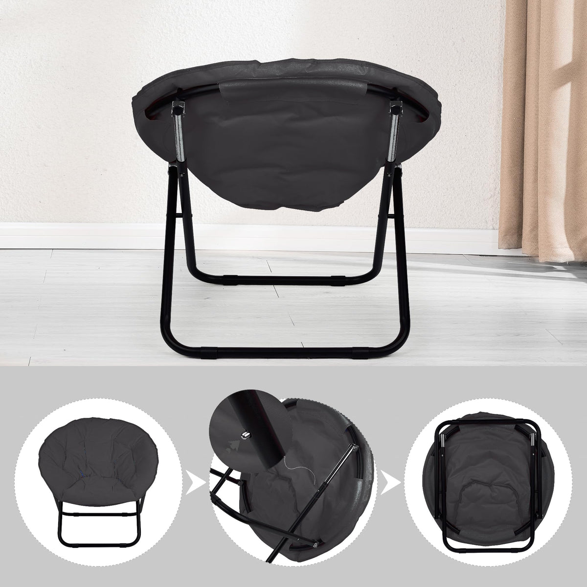 Folding Faux Fur Saucer Chair,Portable Folding Soft Moon Chair for Bedroom, Dorm Rooms, Apartments, Lounging, Garden and Courtyard, Black